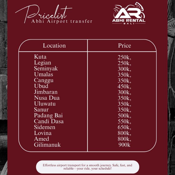 pricest list transport airport bali